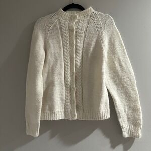 Vintage Cable Knit Cardigan Womens Small White Good Chunky Button Front Raglan